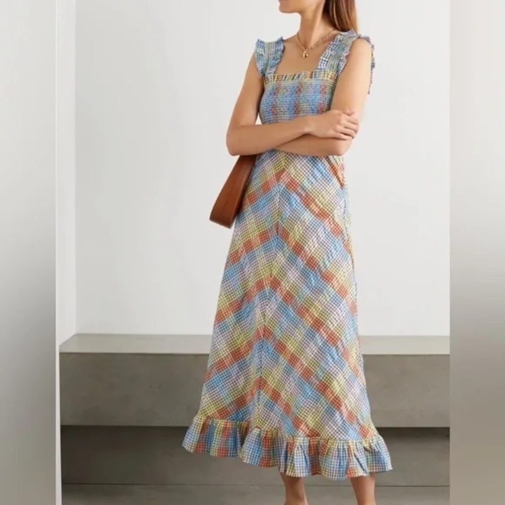 Ganni Rainbow Multicolor Searsucker Ruffle Dress